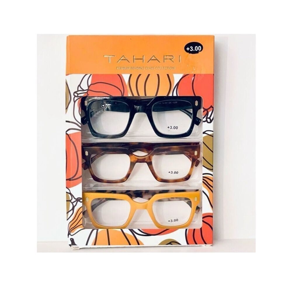 NWT 3 Pack 3.00 TAHARI Premium Eye Reading Glasses Black, Blue & Brown & Yellow